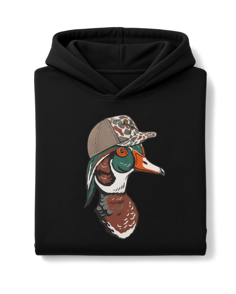 Wood Duck Hoodie - folded flat lay on white