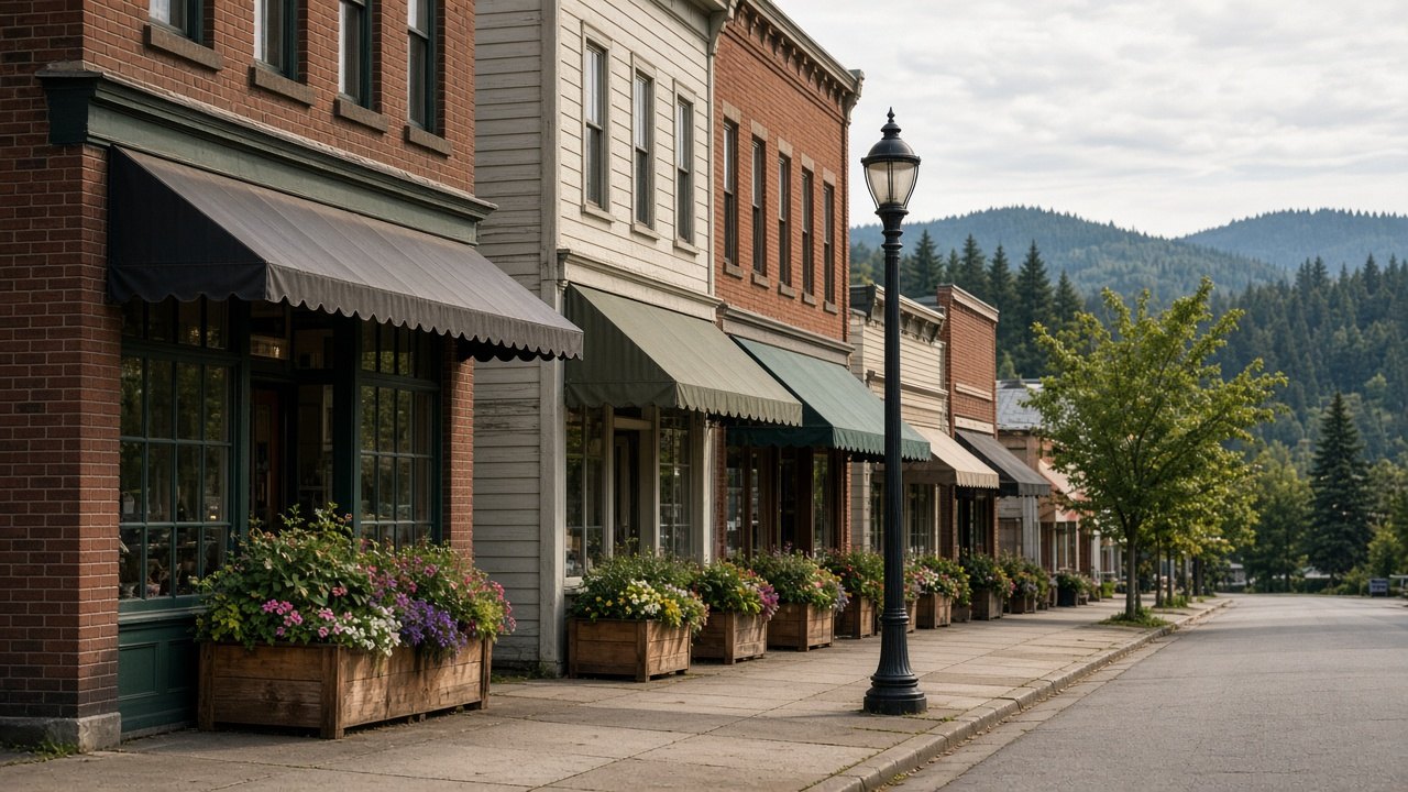 Quiet main street sidewalk with brick storefronts, awnings, planter boxes and evergreen hills beyond