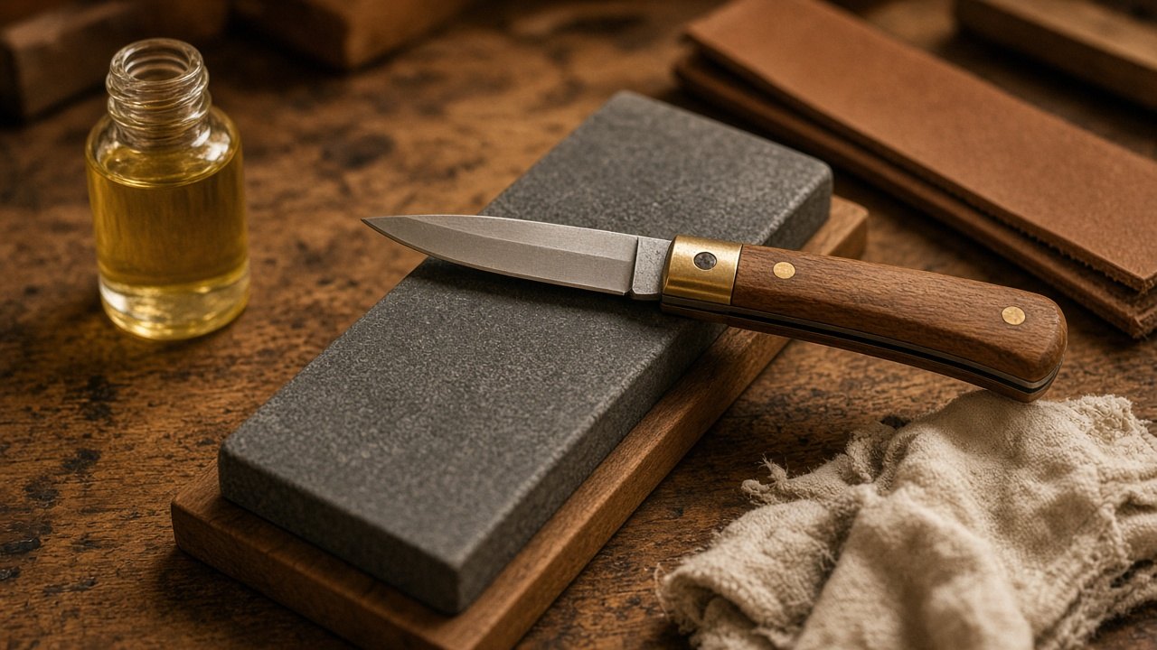 Knife blade resting on a sharpening stone with honing oil, a leather strop and a cloth
