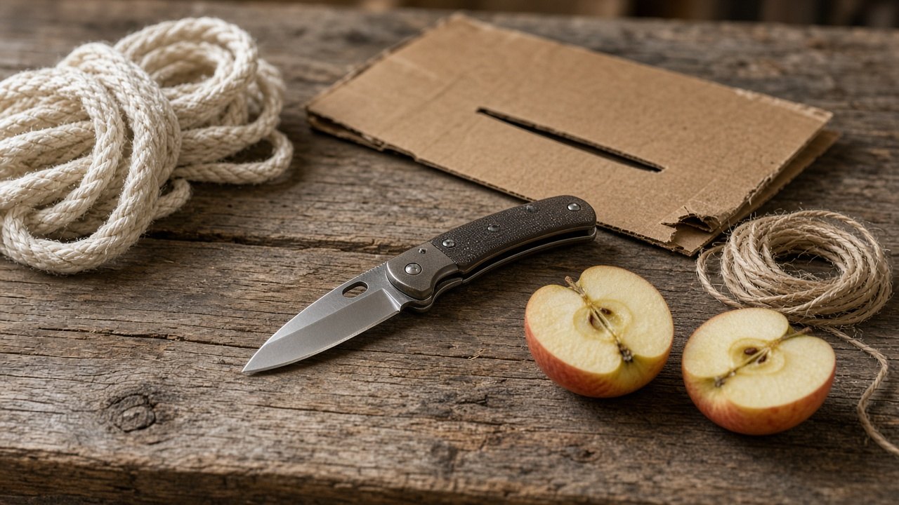 Open pocket knife on a workbench beside cut cord, a sliced cardboard box, twine and a halved apple