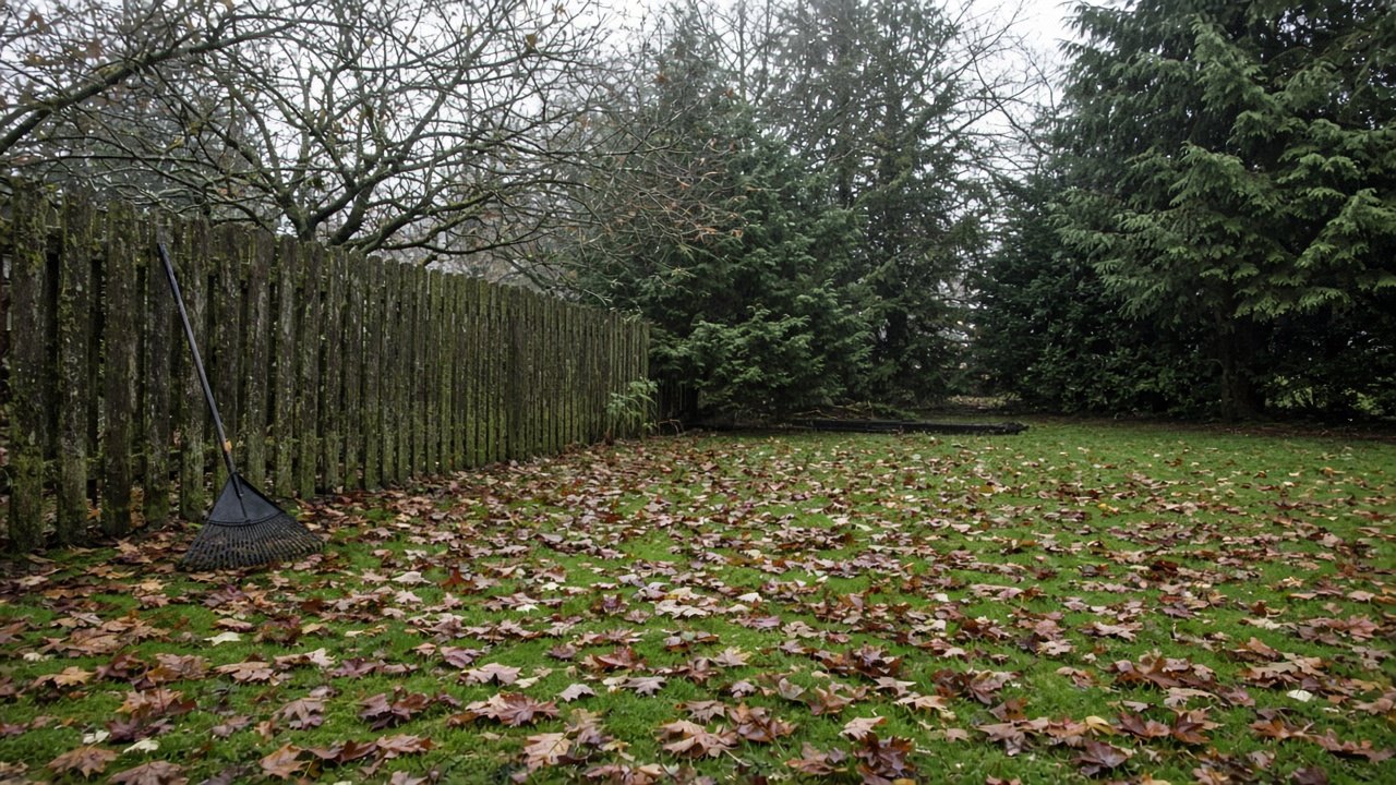 Backyard lawn covered in wet fallen leaves with a rake leaning against a mossy fence