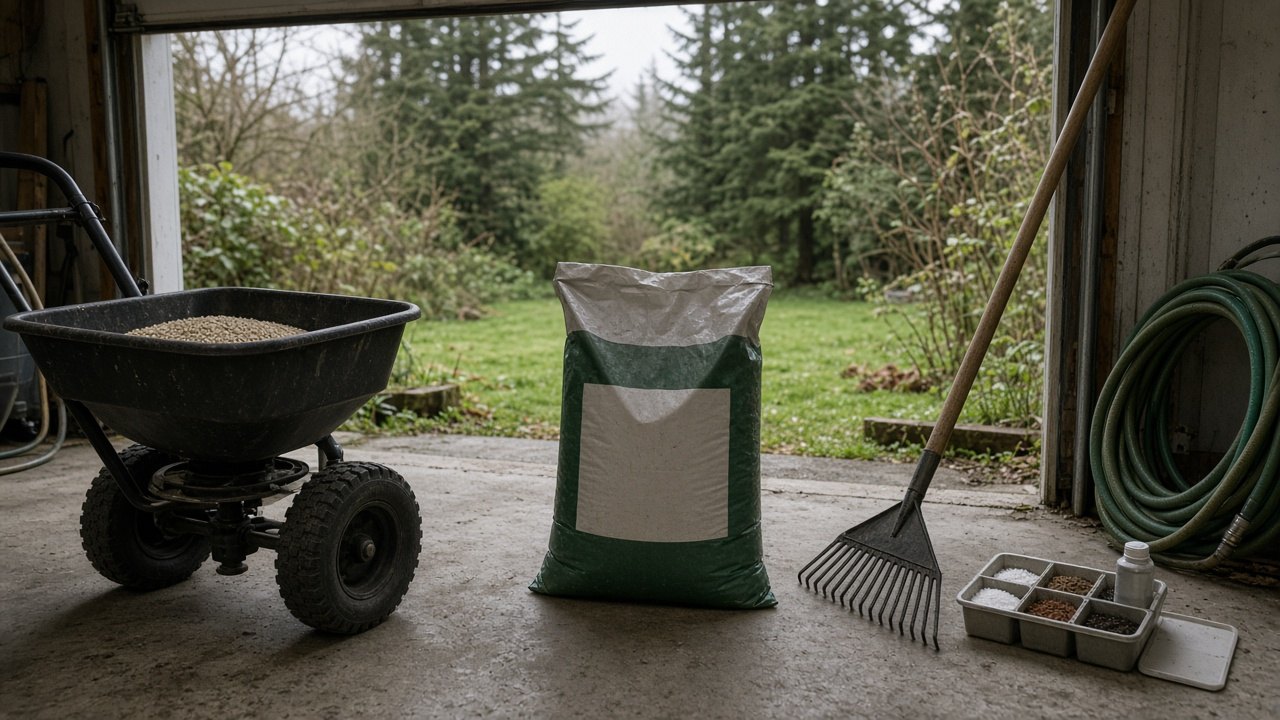 Broadcast spreader, fertilizer, rake and coiled hose in a garage doorway looking out to a green yard