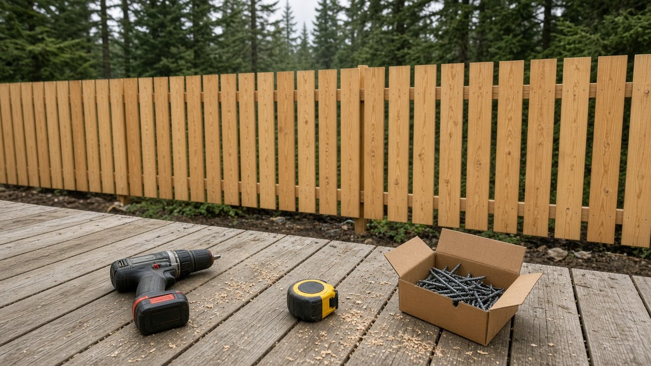 Half-built cedar fence with a cordless drill, tape measure and box of deck screws on the deck