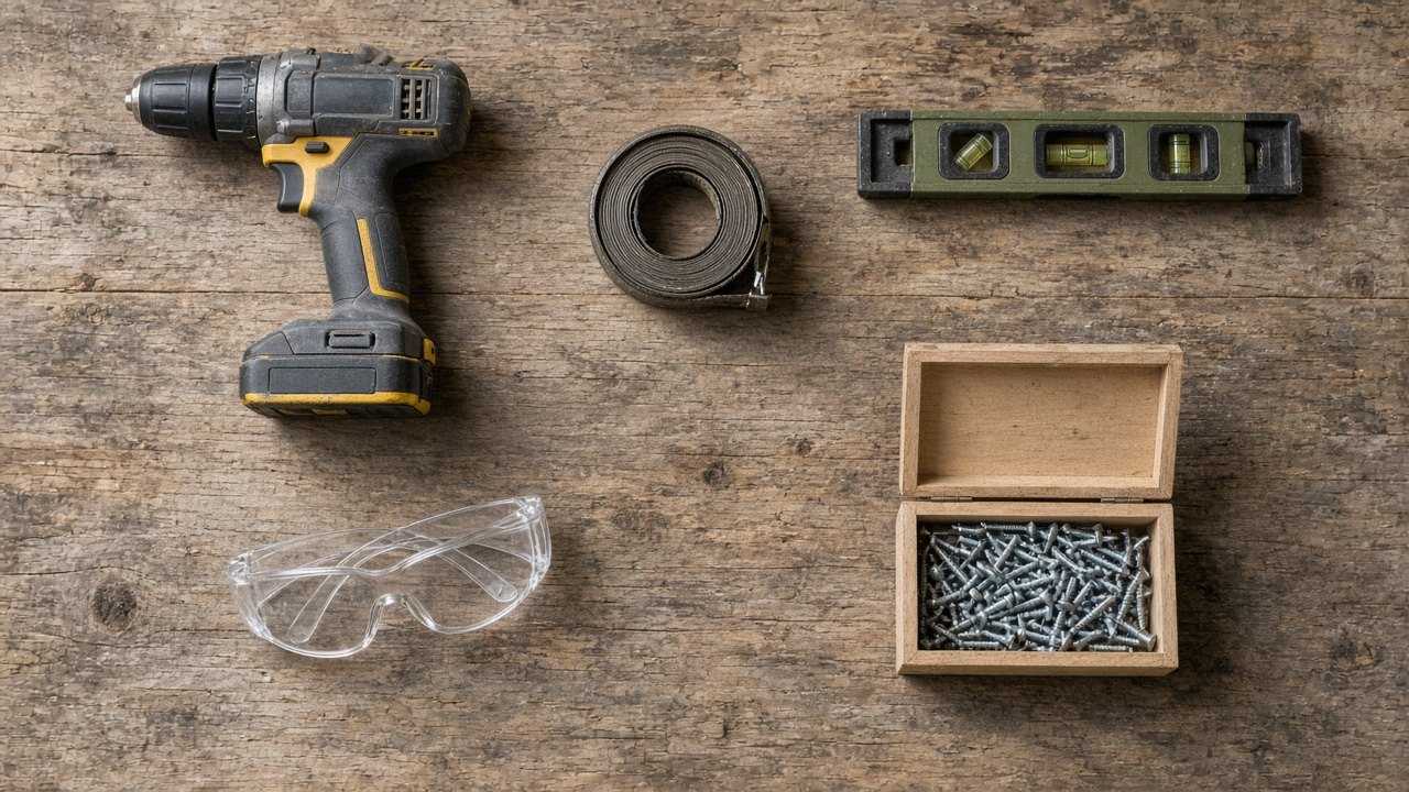 Overhead view of a cordless drill, tape measure, level, safety glasses and a box of screws on a workbench